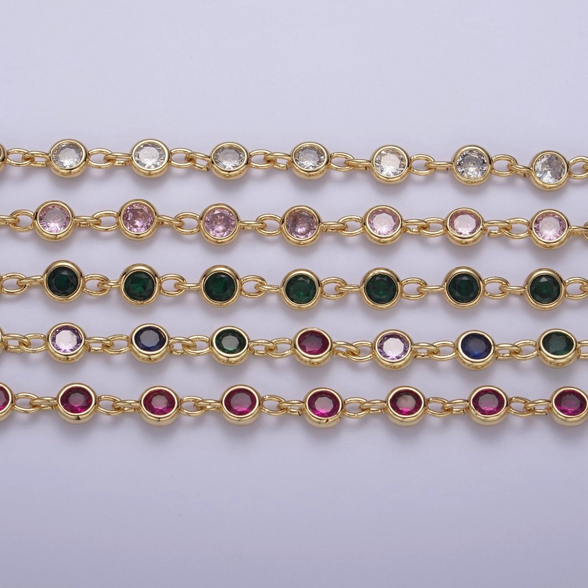 CZ Beaded Chain 6mm Round Bezel Cut Cubic Zirconia Beads Gold Filled Unsoldered Bezel Connector Beads Findings | ROLL-739 740 741 742 Clearance Pricing - DLUXCA