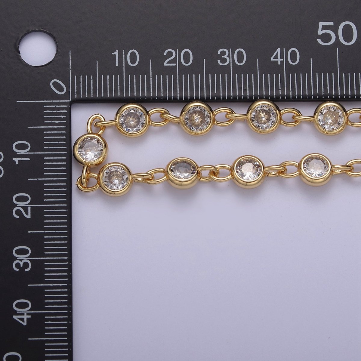 CZ Beaded Chain 6mm Round Bezel Cut Cubic Zirconia Beads Gold Filled Unsoldered Bezel Connector Beads Findings | ROLL-739 740 741 742 Clearance Pricing - DLUXCA