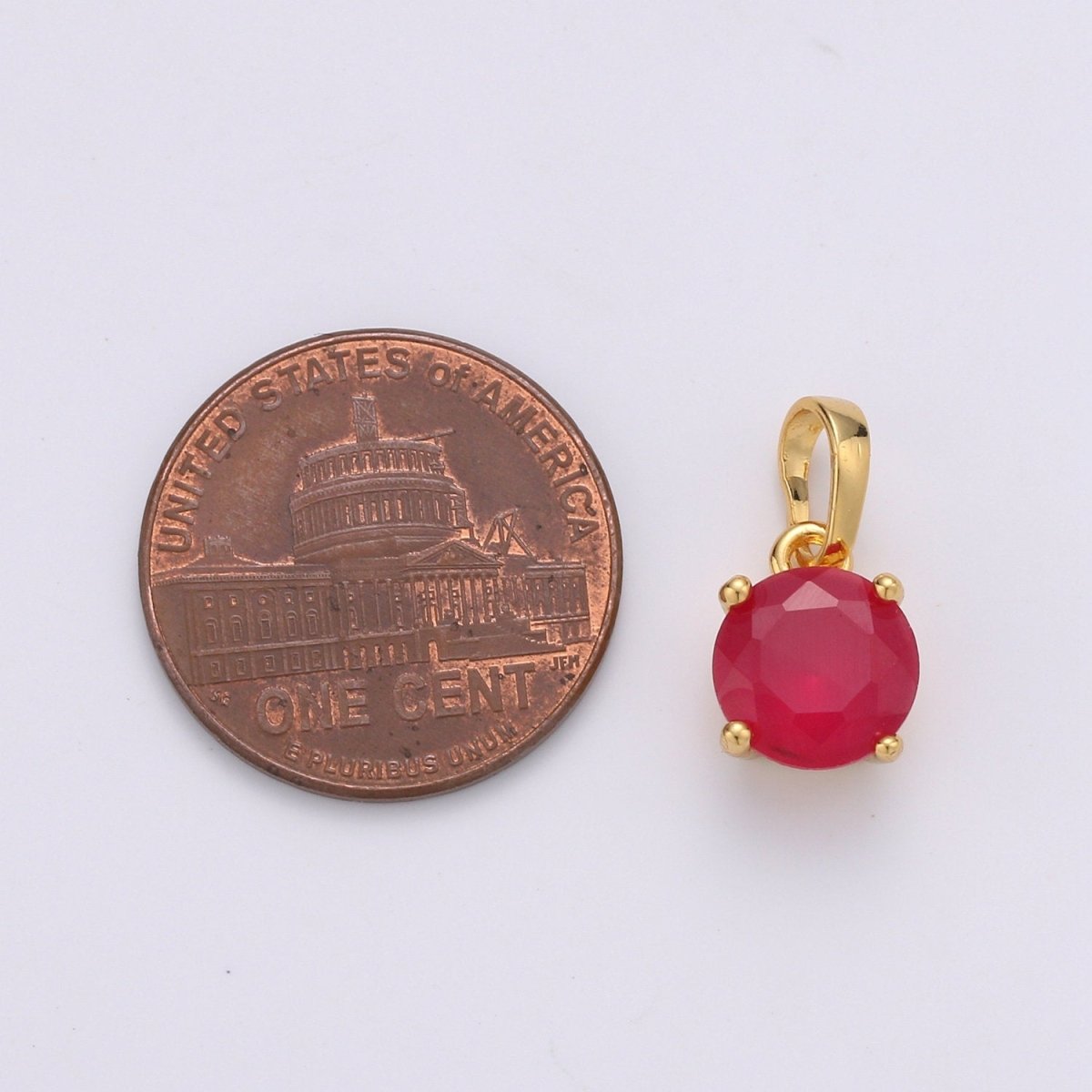 CZ Bezel Set Charm, 24K Gold Filled Red CZ Micro Pave Round Pendant, Charm Necklace Bracelet, Cubic Zirconia, Round Pendant J-085 - DLUXCA