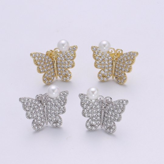 Cz Butterfly Pearl Earring, Butterfly Gold Stud Earring, Faux Pearl Earring, Silver Wedding Jewelry, Statement Jewelry P-096 P-097 - DLUXCA