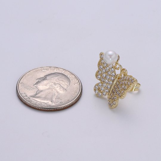 Cz Butterfly Pearl Earring, Butterfly Gold Stud Earring, Faux Pearl Earring, Silver Wedding Jewelry, Statement Jewelry P-096 P-097 - DLUXCA