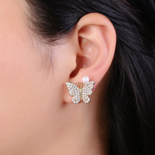 Cz Butterfly Pearl Earring, Butterfly Gold Stud Earring, Faux Pearl Earring, Silver Wedding Jewelry, Statement Jewelry P-096 P-097 - DLUXCA