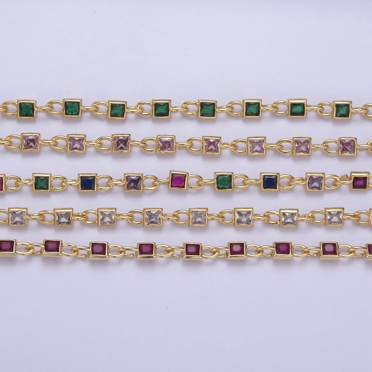 CZ Chain By The Yard, Genuine 4mm Square Shape CZ Bezel Chain Gold BULK Wholesale Cz Connector Chains | ROLL-758 759 760 761 Clearance Pricing - DLUXCA