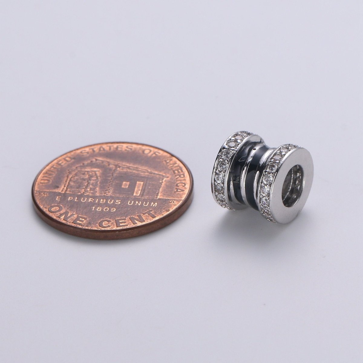 CZ Micro Pave Big Hole Drum Spacer Beads, Cubic Zirconia Large Hole Spacer Beads Silver Black Beads 8.4x9.2mm B-365 - DLUXCA