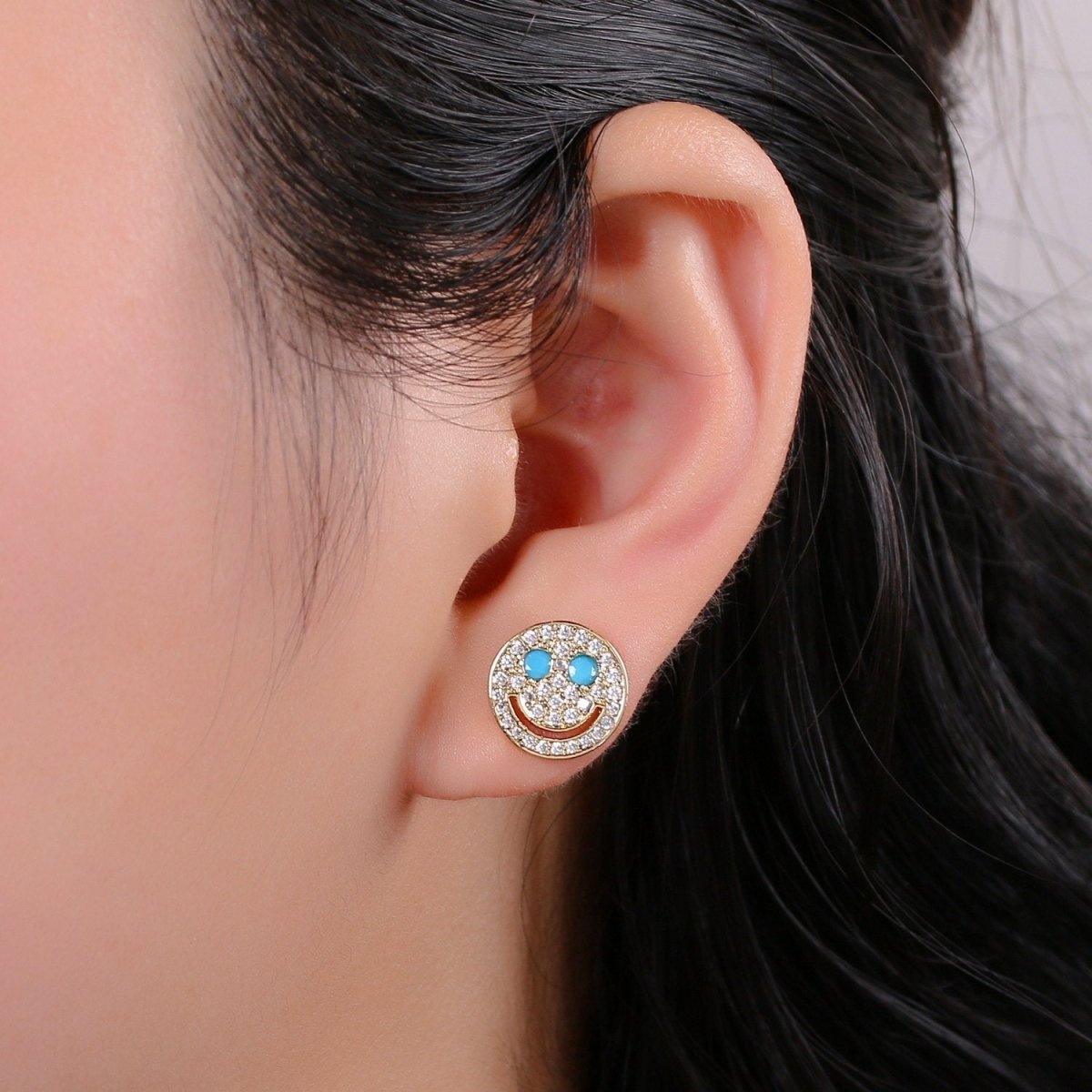 Cz Smiley face stud earrings, Tiny smiley face studs, simple gold stud earrings, Round Gold Studs, happy face studs, disc stud earrings Q-301 - Q-304 - DLUXCA