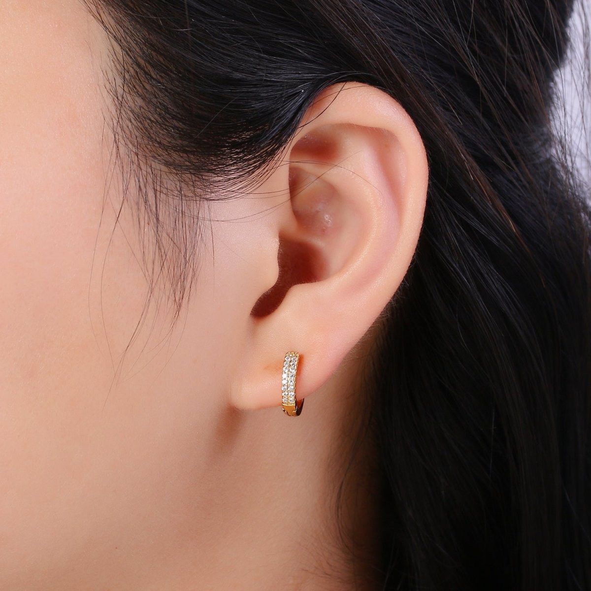 Dainty 11MM huggie hoop earrings, Small cz gold hoops with diamonds, Pavé setting small hoops, minimalist jewelry with open link for charm P-086 P-087 - DLUXCA