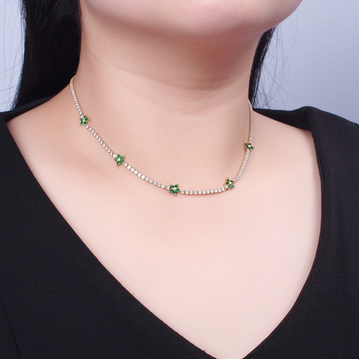 Dainty 13.75 Flower Tennis Chain Choker, Cubic Zirconia Necklace | WA-993 WA-994 WA-995 WA-996 WA-997 Clearance Pricing - DLUXCA
