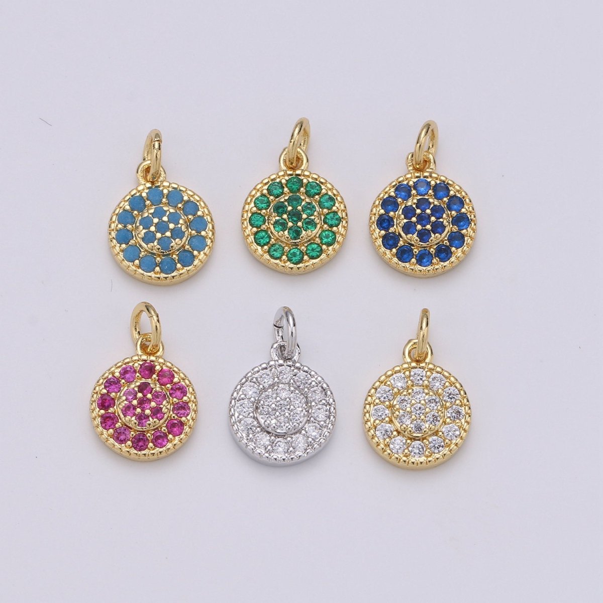 Dainty 14k Gold Filled CZ Clear Micro Pave Coin Charm, Round Disc Pave Charm, Mini Dangle Charm for Bracelet Necklace Pendant Hoop Earring D-591- D-596 - DLUXCA