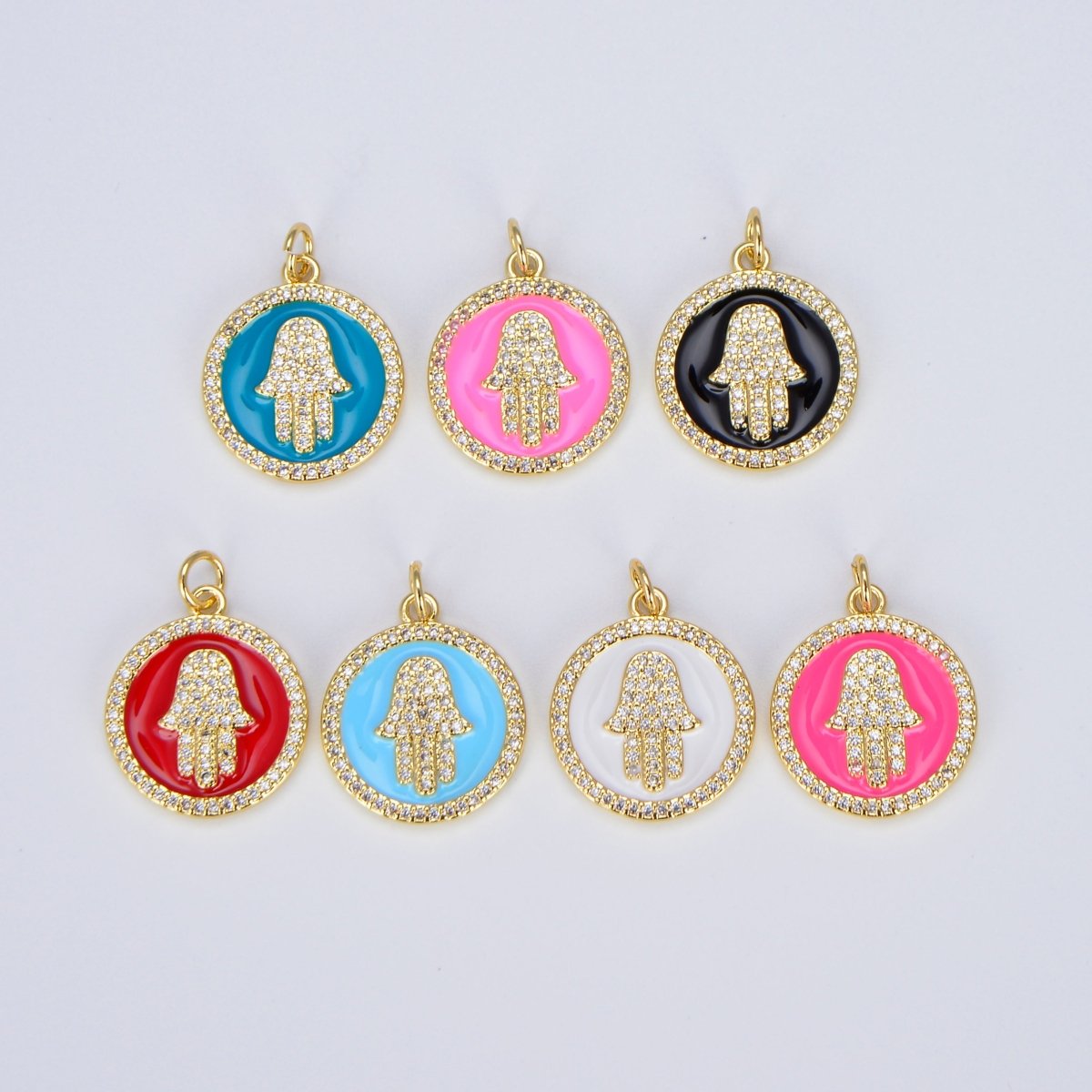 Dainty 14K Gold Filled Hamsa Hand Charm Coin Disc Hand of Fatima Pendant E-305 - E-311 - DLUXCA
