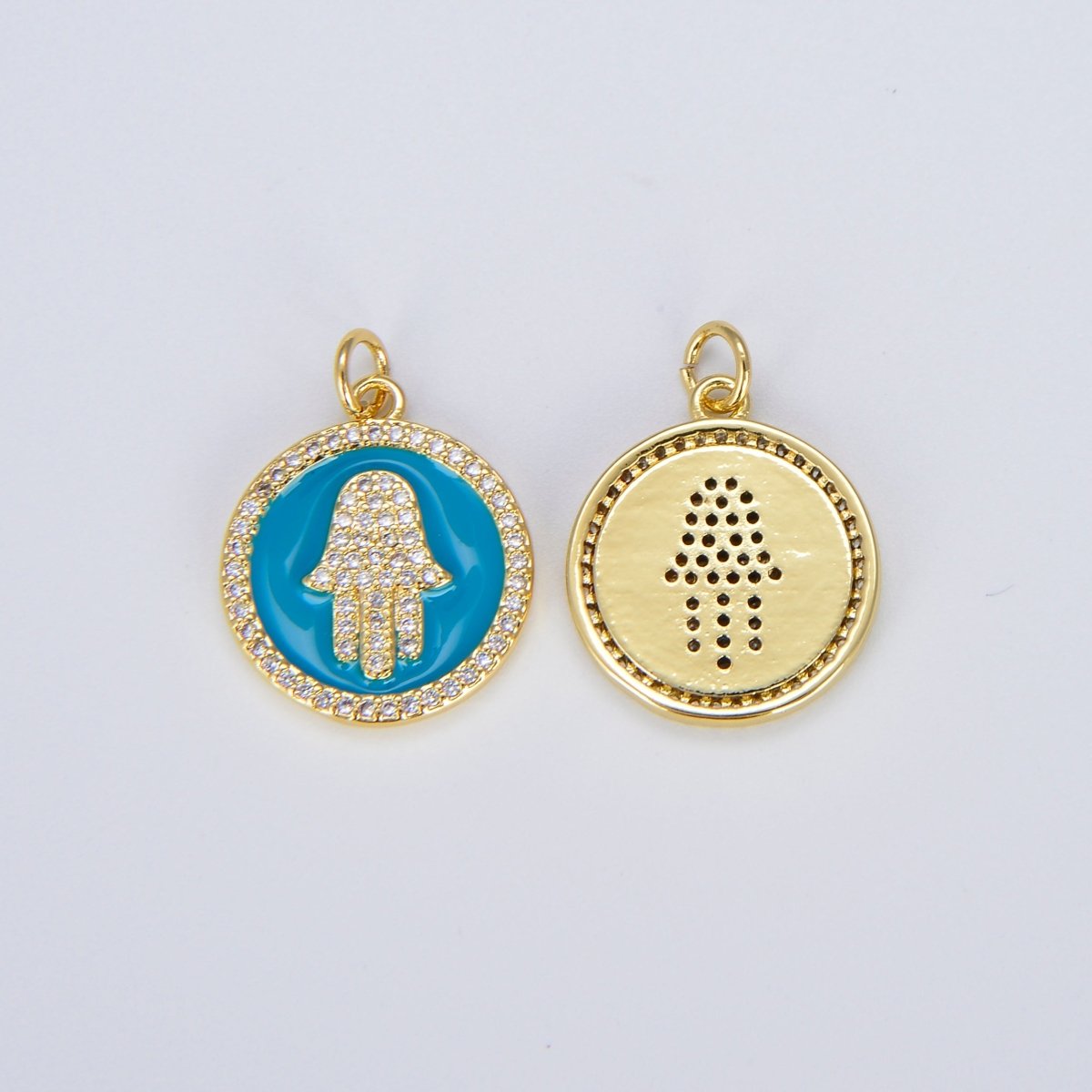 Dainty 14K Gold Filled Hamsa Hand Charm Coin Disc Hand of Fatima Pendant E-305 - E-311 - DLUXCA