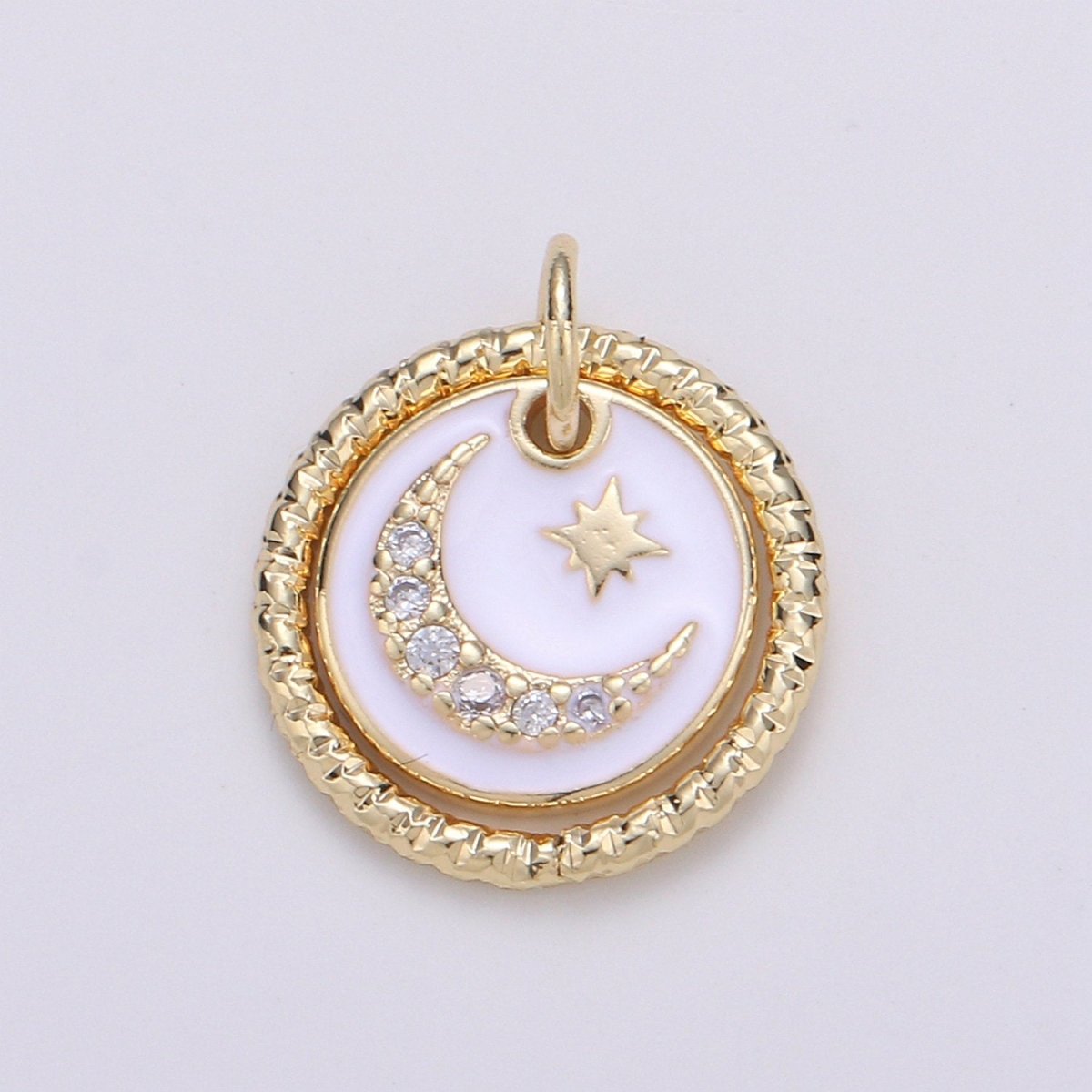 Dainty 14k Gold Filled Moon and Stars Charms, White Black CZ Pave Round Disc Pendant for Bracelet or Necklace Jewelry Supply D-226 D-227 - DLUXCA