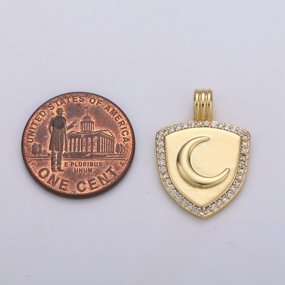 Dainty 14k Gold Filled Shield Charm, Cz Shield pendant, Micro Pave Moon Pendant Protection Jewelry Supply I-934 - DLUXCA