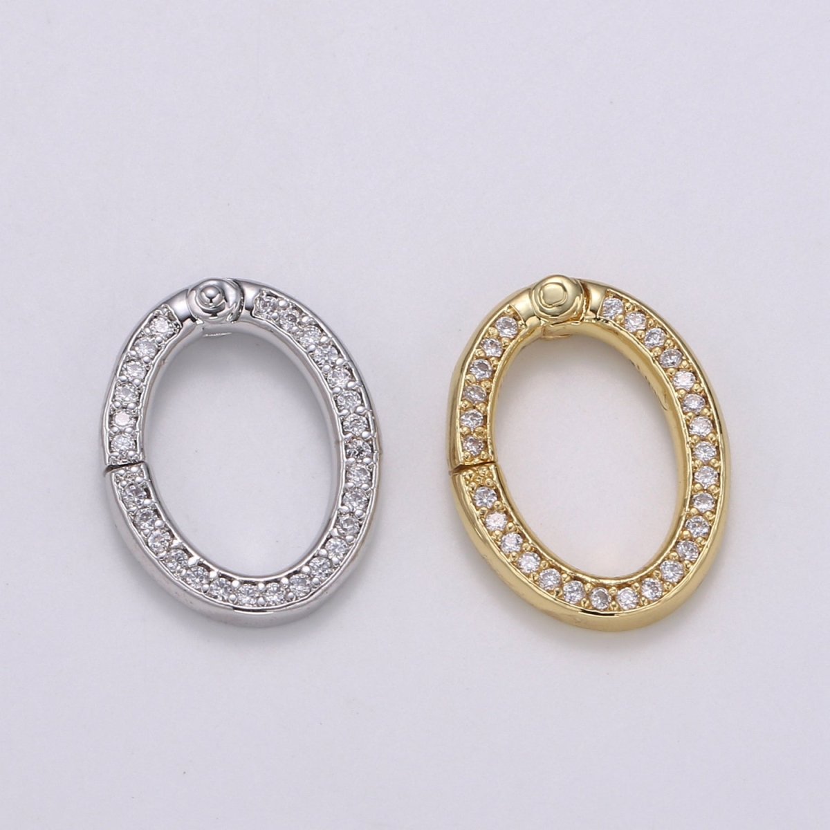 Dainty 14k Gold Filled, Silver Full Pave Cz Oval Pull Gate Ring Clasp 17x13mm Cubic Oval for Link Connector Thickness 2.3mm Jewelry Supply, K-147, K-148 - DLUXCA