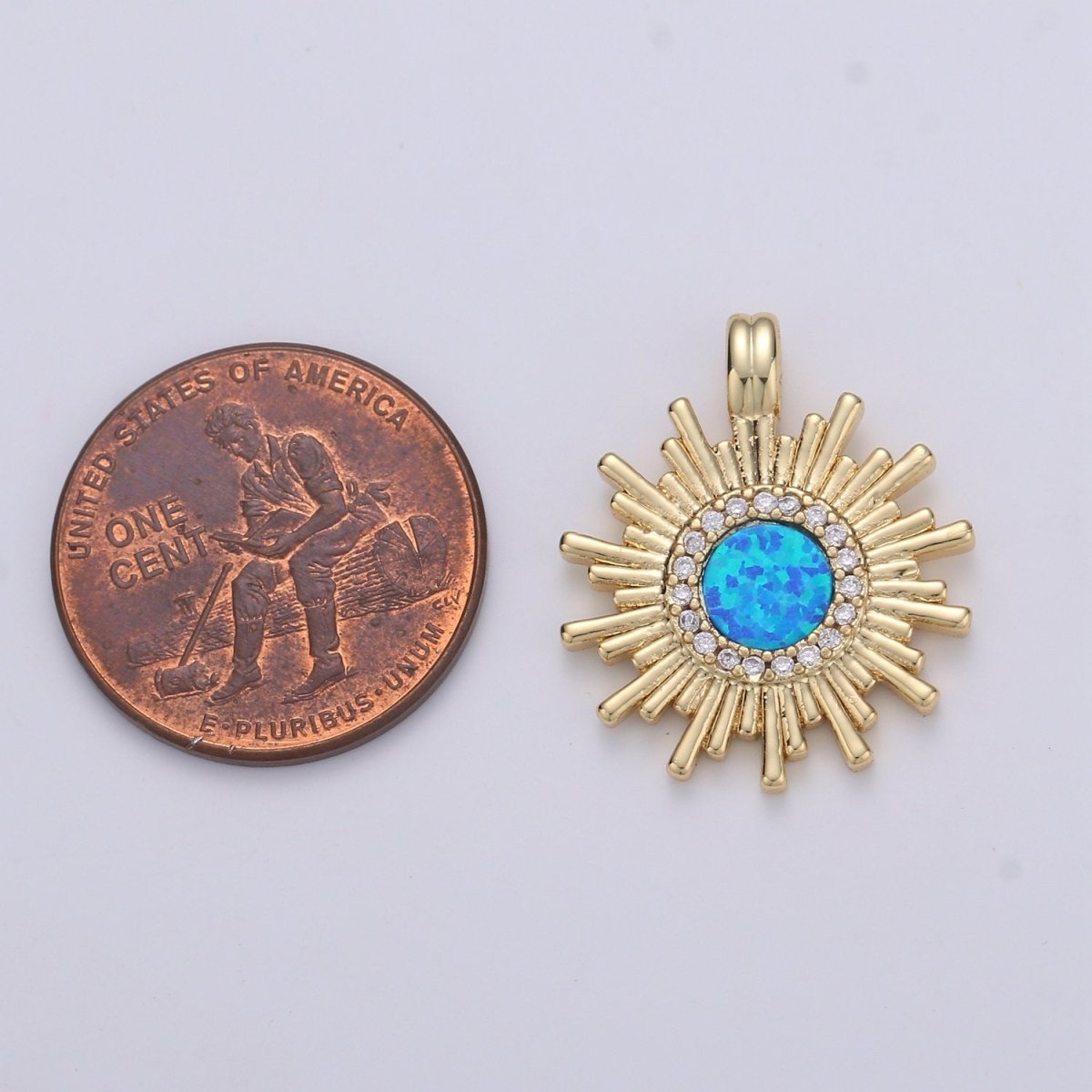 Dainty 14k Gold Filled Sun Burst Charm Opal Round SunBurst Medallion Pendant, 24x18mm, Micro Pave Gold Sun Celestial Jewelry I-676 - DLUXCA
