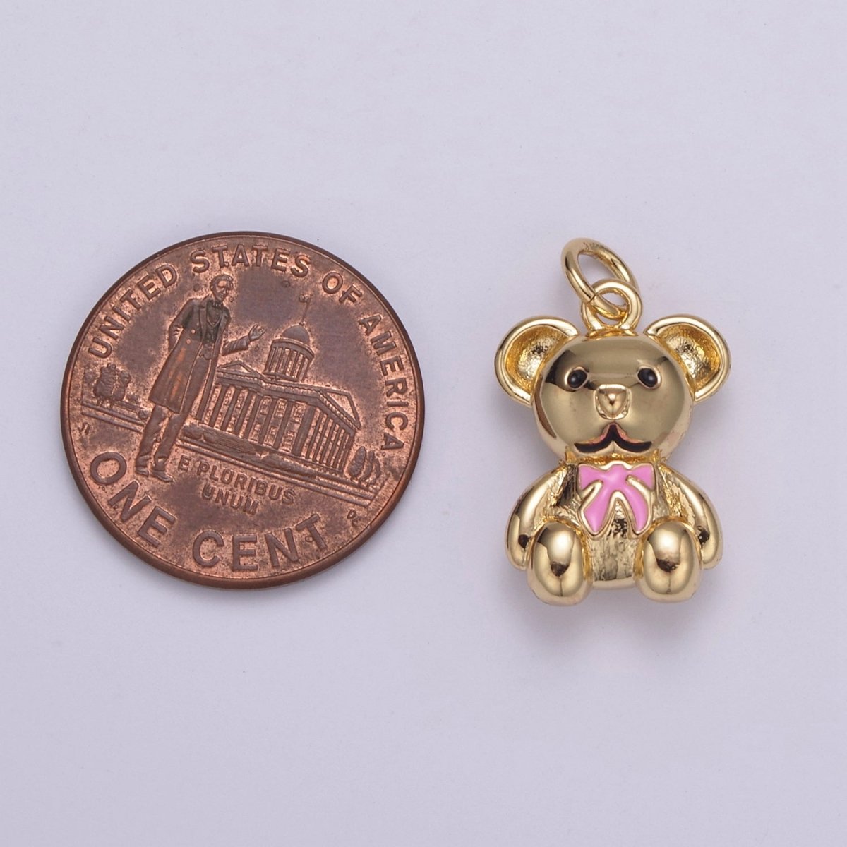 Dainty 14k Gold Filled Teddy Bear Charm with Pink / Green Ribbon Mini Bear Pendant for Bracelet Necklace Earring C-206 C-212 - DLUXCA
