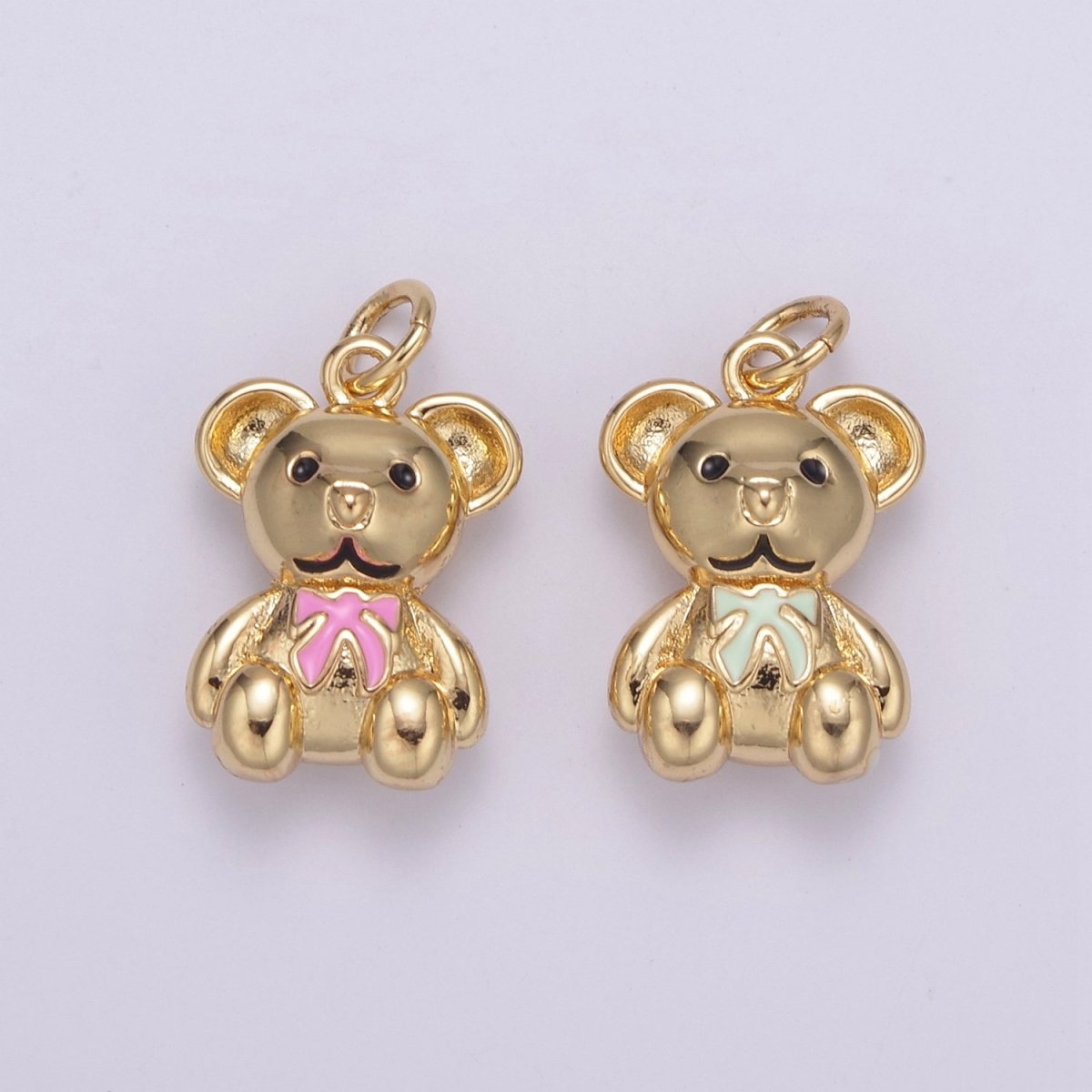 Dainty 14k Gold Filled Teddy Bear Charm with Pink / Green Ribbon Mini Bear Pendant for Bracelet Necklace Earring C-206 C-212 - DLUXCA