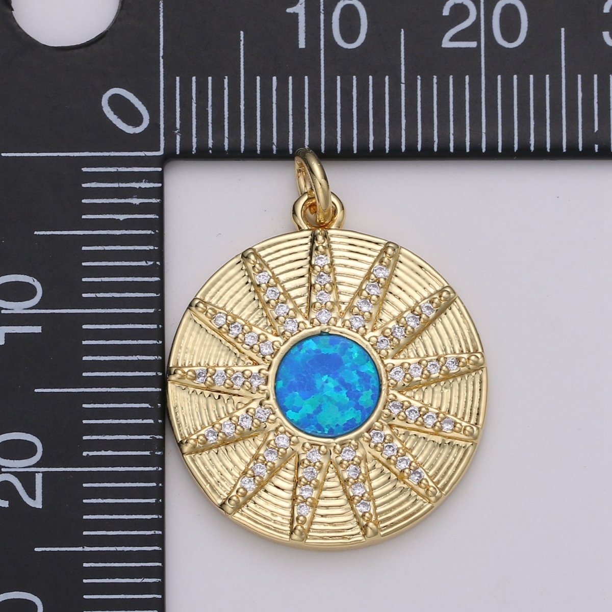 Dainty 14k Gold Filled Vergina Sun Charm Blue Opal Round SunBurst Medallion Pendant, 25x20mm, Micro Pave Gold Sun Celestial Jewelry D-472 - DLUXCA