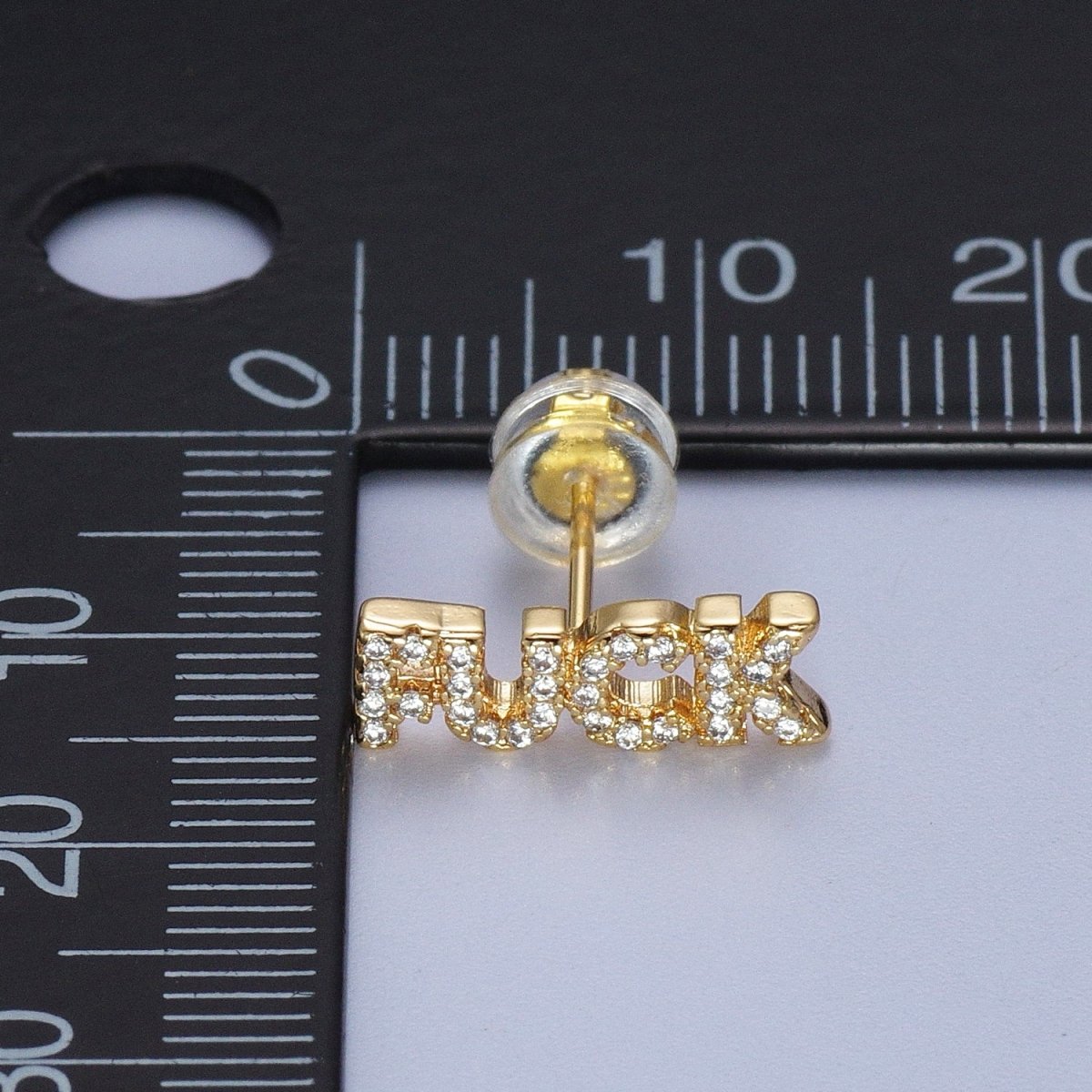 Dainty 16K Gold Filled "FUCK" Script Micro Paved CZ Stud Earrings | Y-273 - DLUXCA