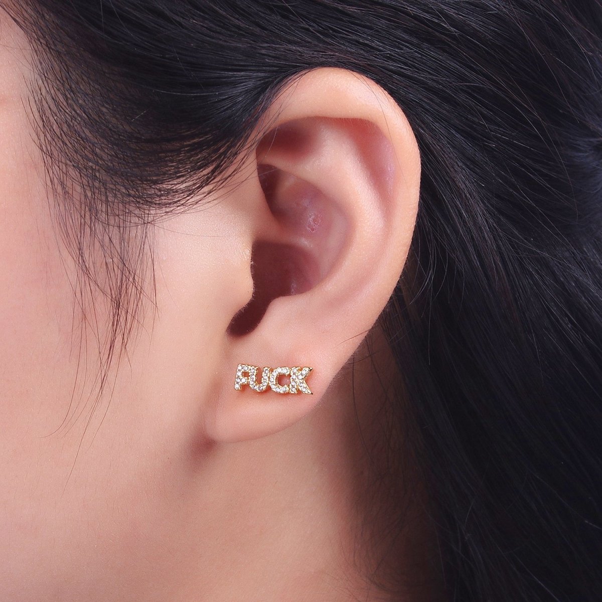 Dainty 16K Gold Filled "FUCK" Script Micro Paved CZ Stud Earrings | Y-273 - DLUXCA