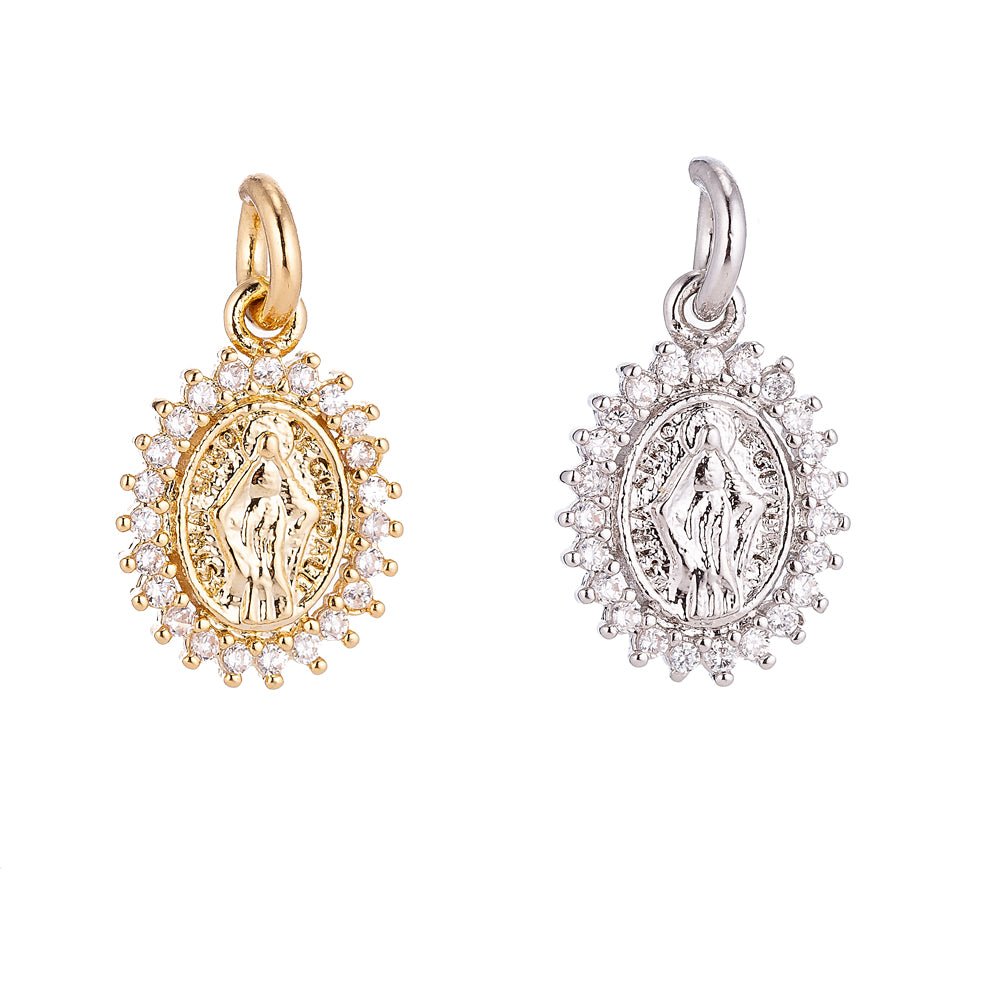Dainty 24K Gold Filled Delicate Virgin Mother Mary Cubic Zirconia Bracelet Necklace Pendant Earring Charm Gift for Woman Jewelry Making, Gold Silver Miraculous Lady M-585 -M-592 - DLUXCA
