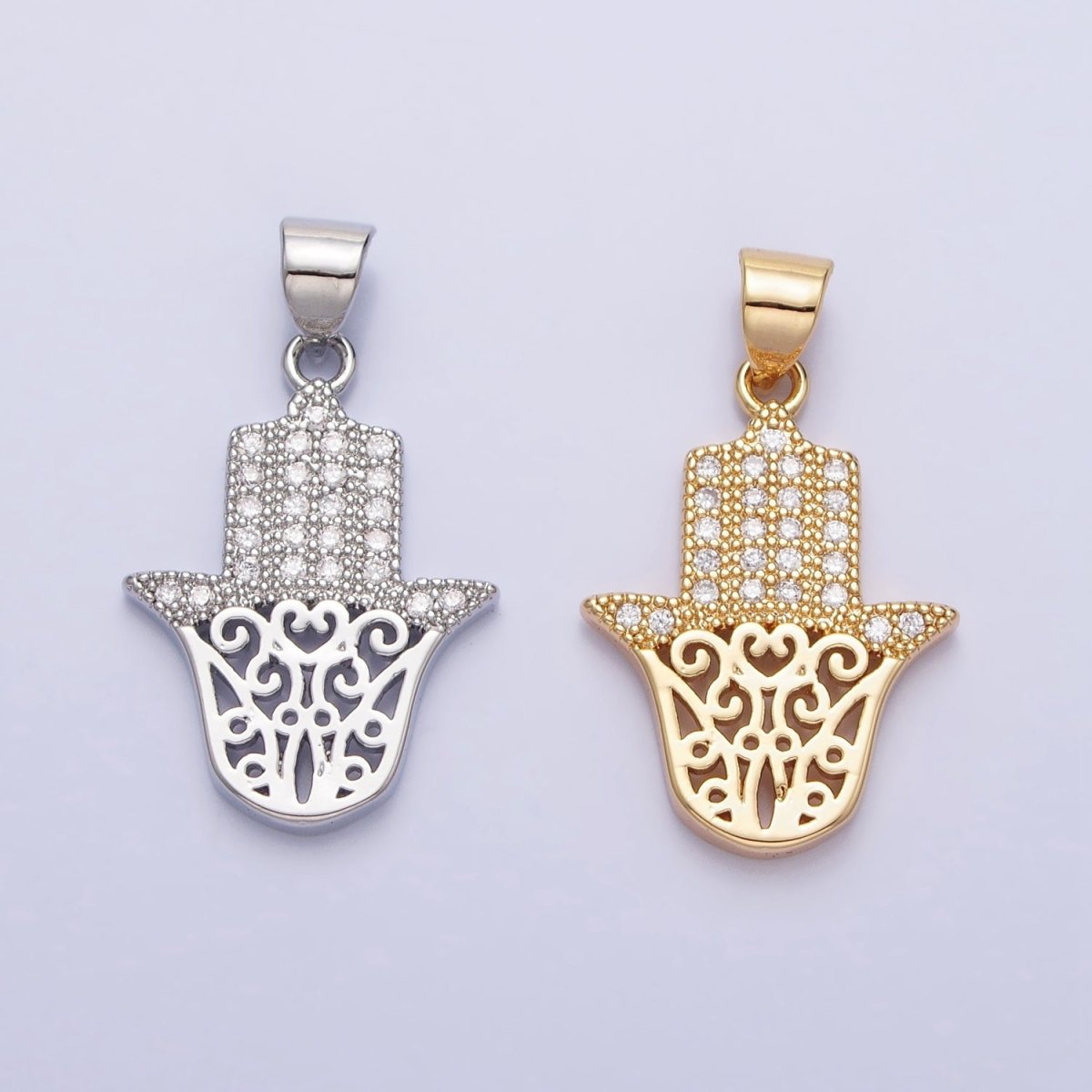 Dainty 24K Gold Filled Hamsa Hand Pendant Micro Pave Silver Hand of Fatimah Charm AA307 AA308 - DLUXCA