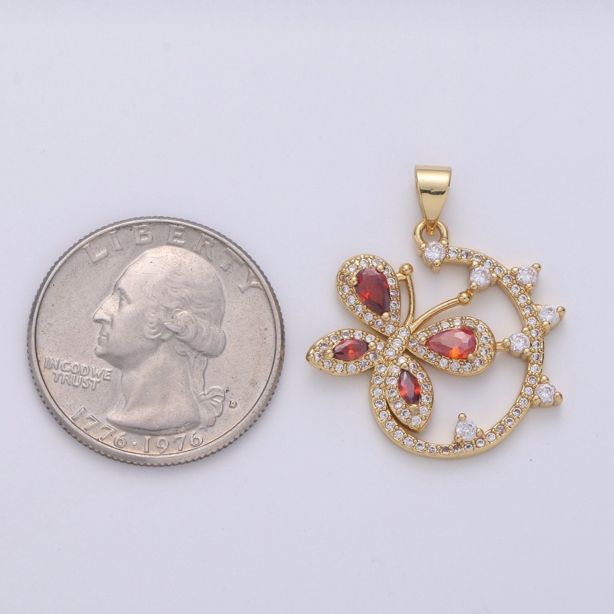 Dainty 24k Gold Filled Micro Pave Butterfly Charm, Ruby Cubic Zirconia Round Circle Pendant Charm, Gold Filled Charm, For DIY Jewelry I-852 - DLUXCA