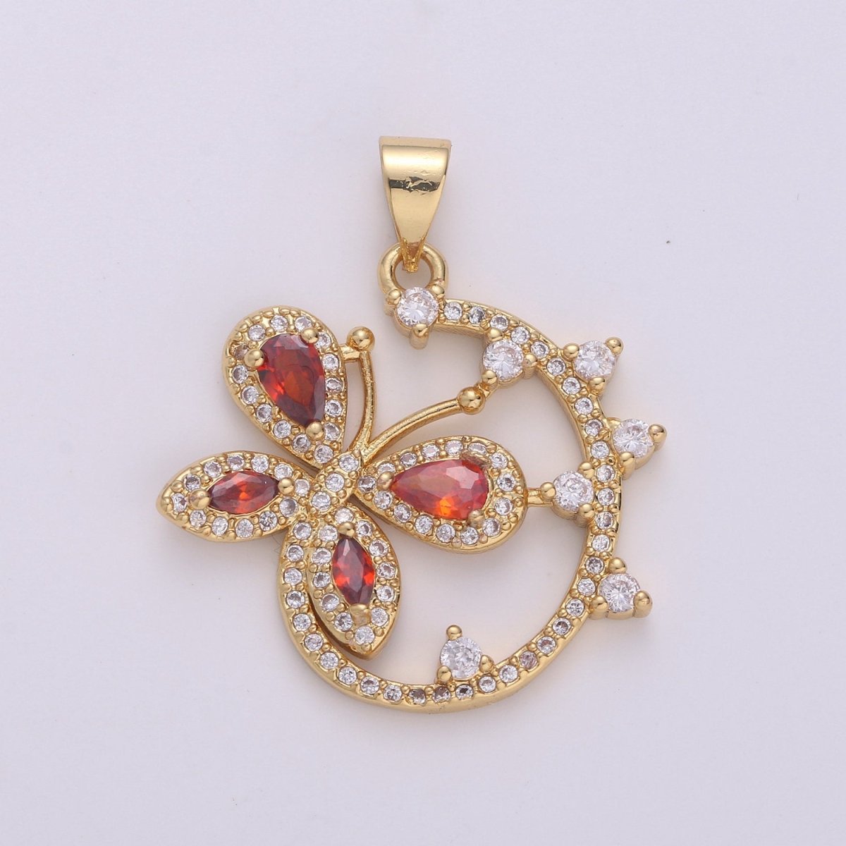 Dainty 24k Gold Filled Micro Pave Butterfly Charm, Ruby Cubic Zirconia Round Circle Pendant Charm, Gold Filled Charm, For DIY Jewelry I-852 - DLUXCA