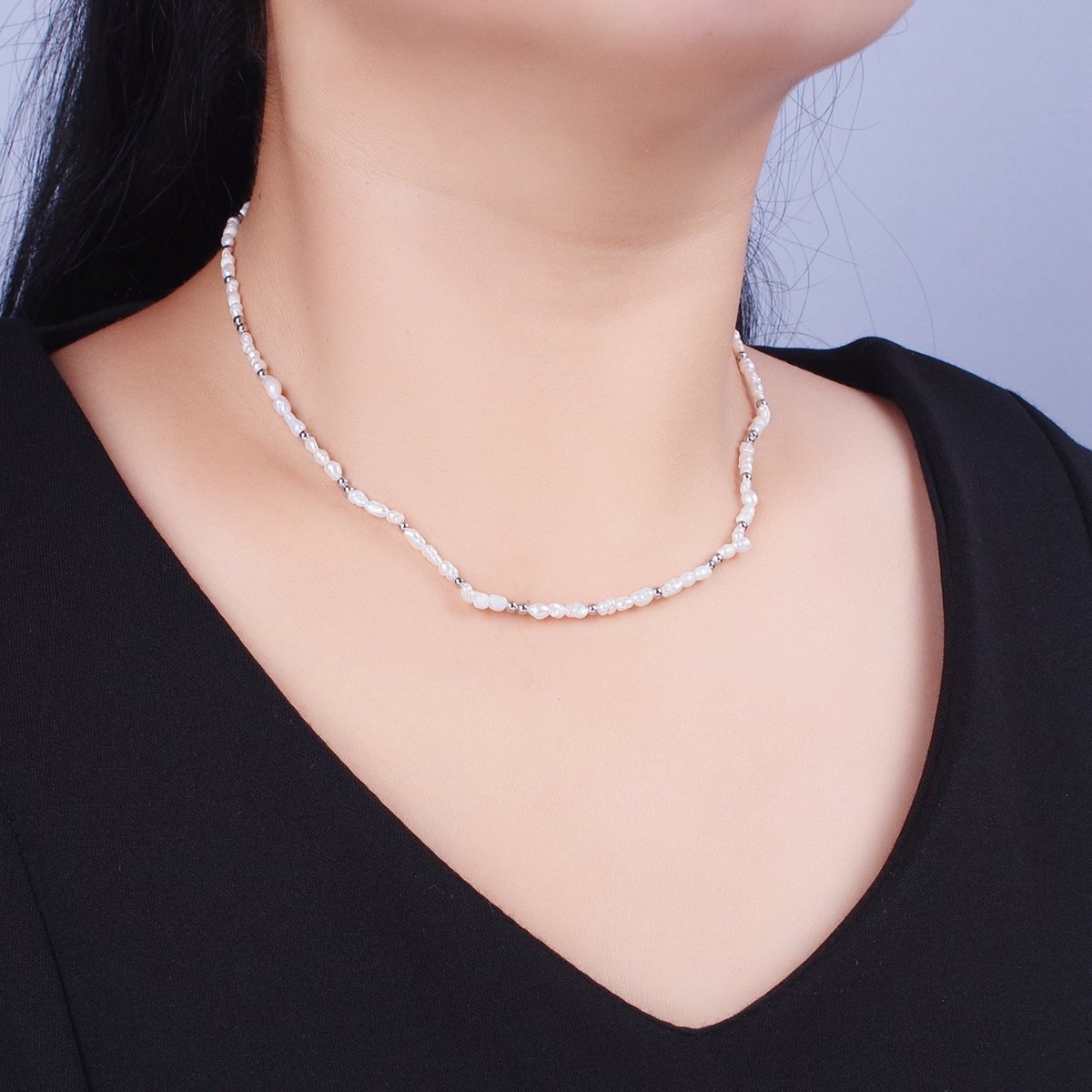 Dainty 3mm Baroque Freshwater Pearl White Gold Filled Silver Beads 15 Inch Choker Necklace | WA-1448 Clearance Pricing - DLUXCA