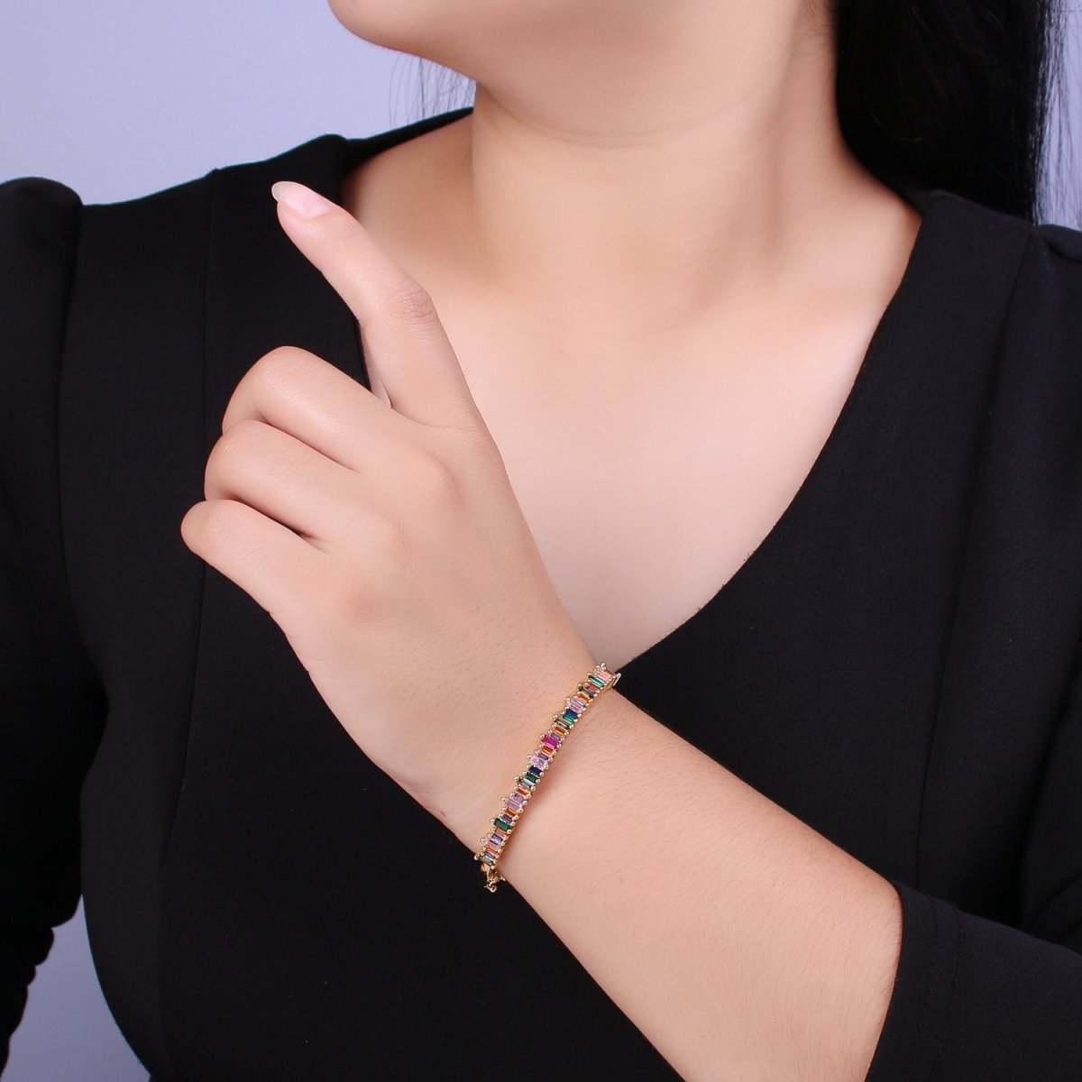 Dainty Baguette bracelet Colorful CZ Gem Stackable Gold Bracelet | Gold Bracelet | Luxury Crystal Stacking Bangle Bracelet | WA-428 Clearance Pricing - DLUXCA