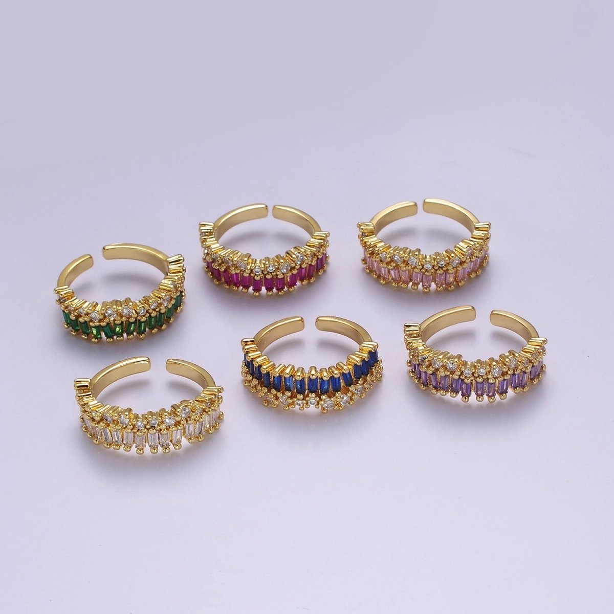 Dainty Baguette ring- Gold Filled CZ Ring Classic clear, Purple, Blue, Green, Pink Cubic Zirconia Adjustable Ring O-2089 ~ O-2094 - DLUXCA