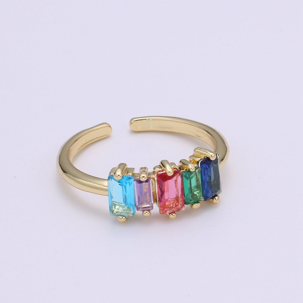 Dainty Baguette Ring, Rainbow Gold Baguette Ring, Colorful Baguette Ring, Open Adjustable Ring, Everyday Wear Women Ring O-293 - DLUXCA