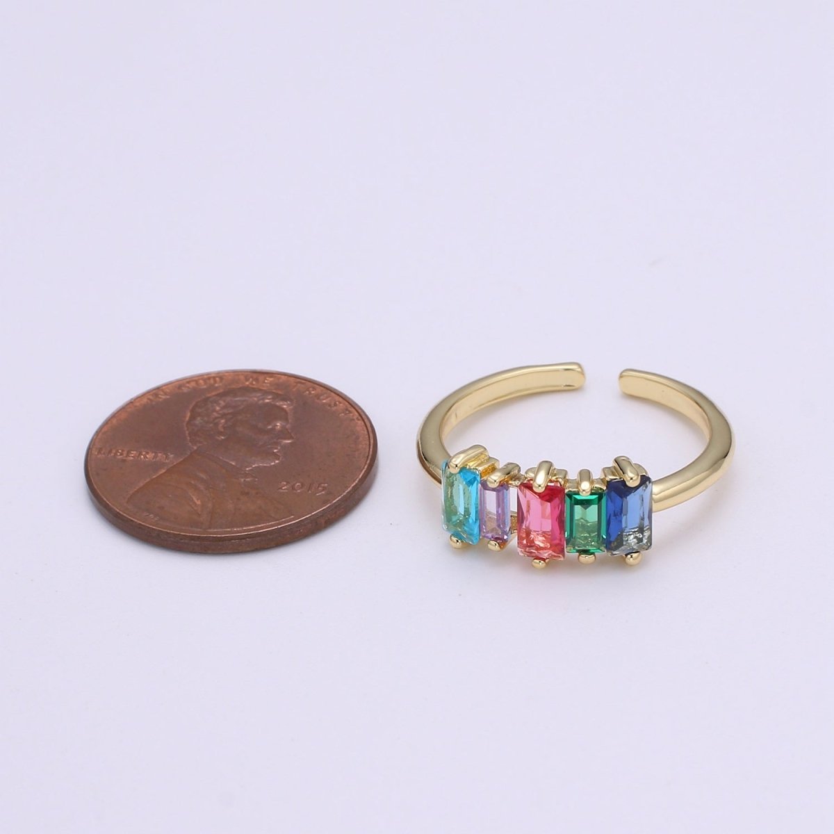 Dainty Baguette Ring, Rainbow Gold Baguette Ring, Colorful Baguette Ring, Open Adjustable Ring, Everyday Wear Women Ring O-293 - DLUXCA