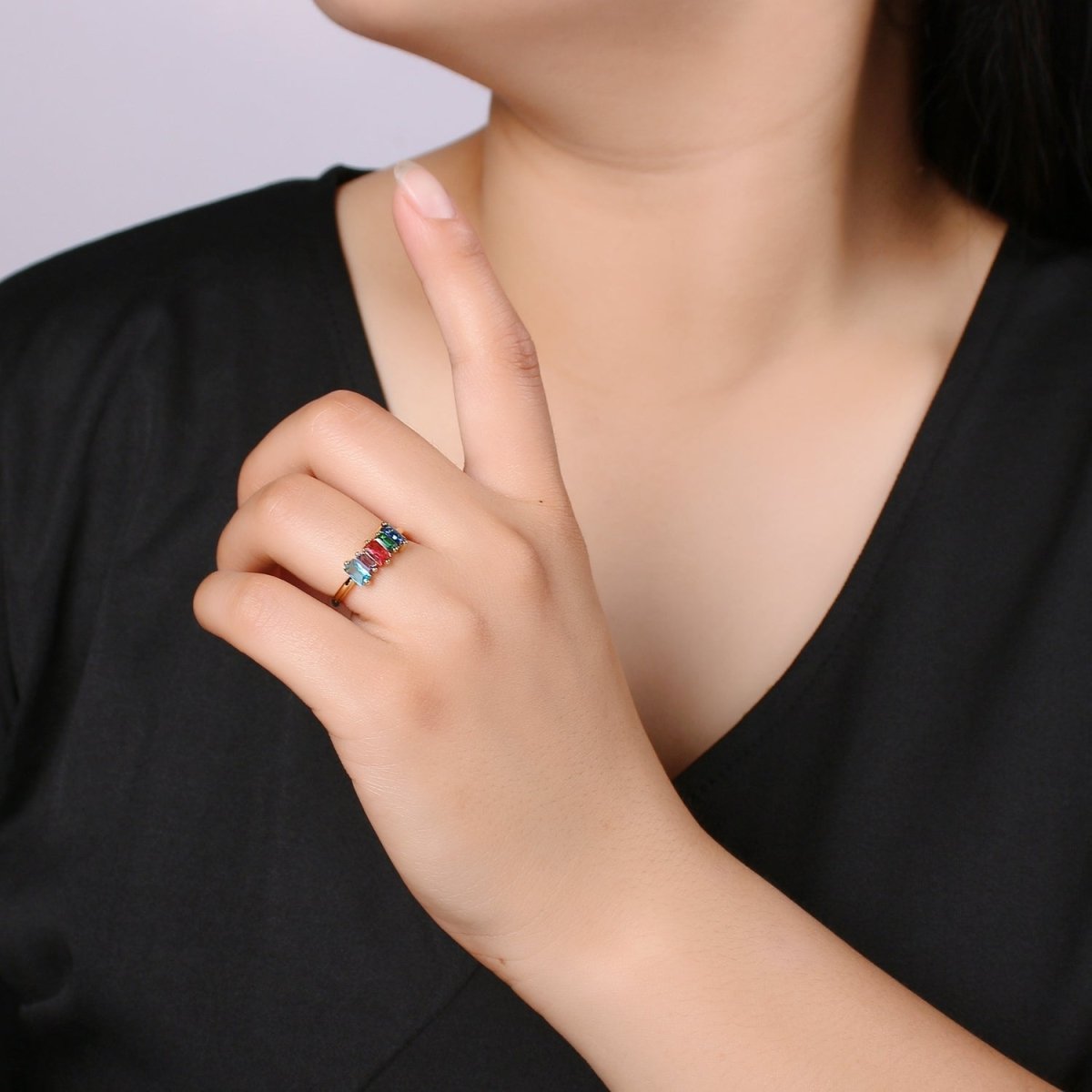 Dainty Baguette Ring, Rainbow Gold Baguette Ring, Colorful Baguette Ring, Open Adjustable Ring, Everyday Wear Women Ring O-293 - DLUXCA