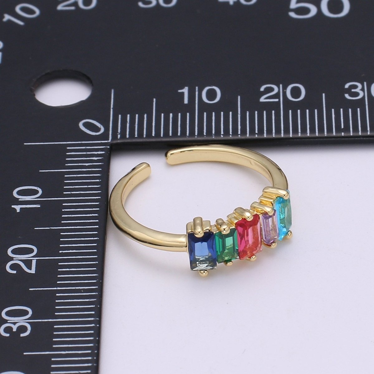 Dainty Baguette Ring, Rainbow Gold Baguette Ring, Colorful Baguette Ring, Open Adjustable Ring, Everyday Wear Women Ring O-293 - DLUXCA