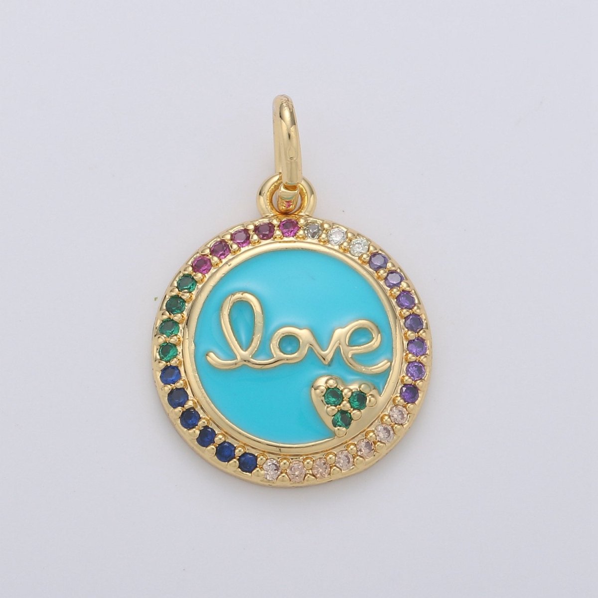 Dainty Blue Love Pendant Enamel Round Disc Charm, Gold Micro Pave Love Charm Jewelry for Necklace Bracelet Earring Component D-180 - DLUXCA