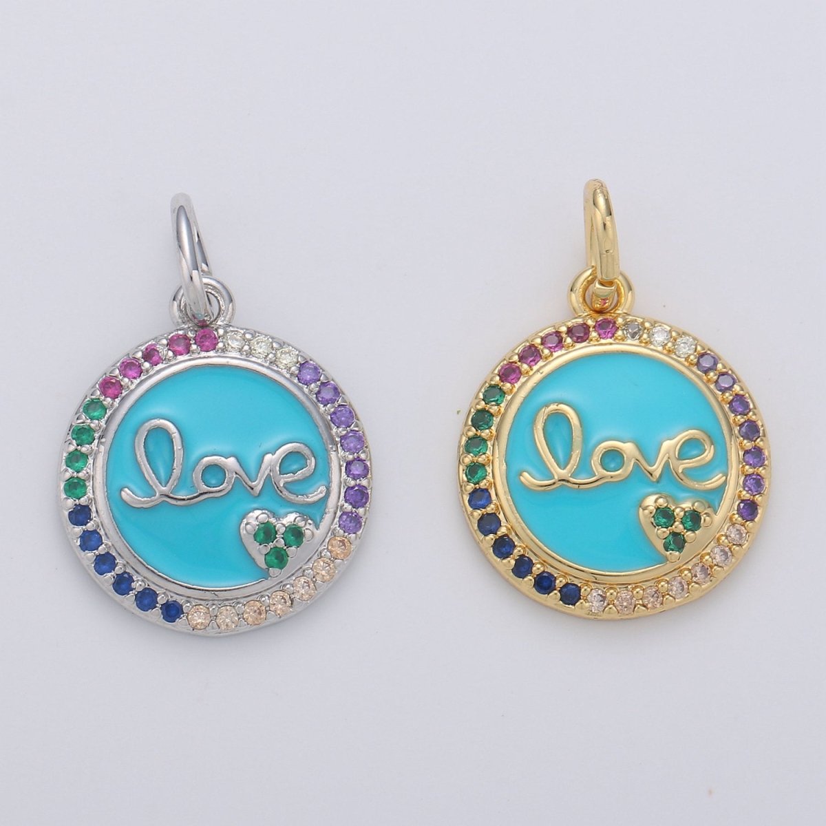 Dainty Blue Love Pendant Enamel Round Disc Charm, Gold Micro Pave Love Charm Jewelry for Necklace Bracelet Earring Component D-180 - DLUXCA