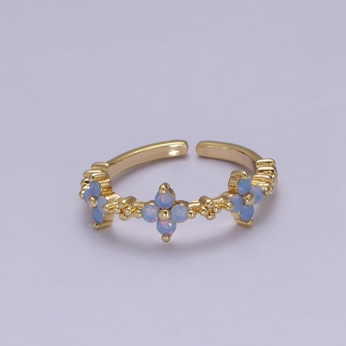 Dainty Blue Opal Flower Ring Open Adjustable Gold Filled Band Ring For Minimalist Jewelry O2079 - DLUXCA