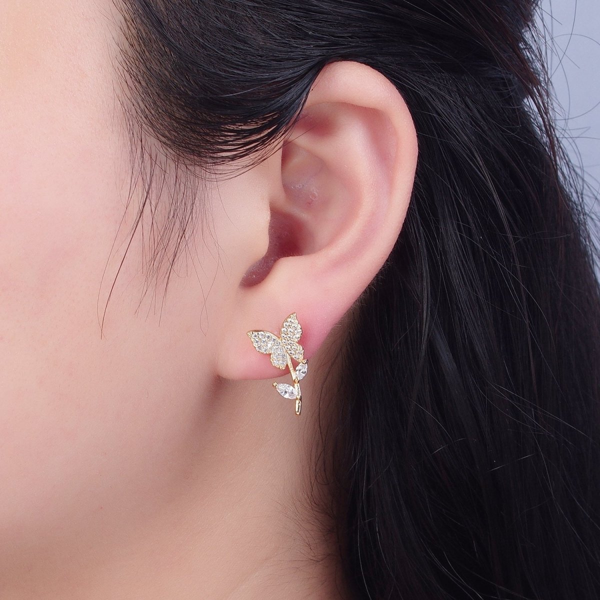 Dainty Butterfly Stud Earring in the Garden Flower CZ Stud V-387 - DLUXCA