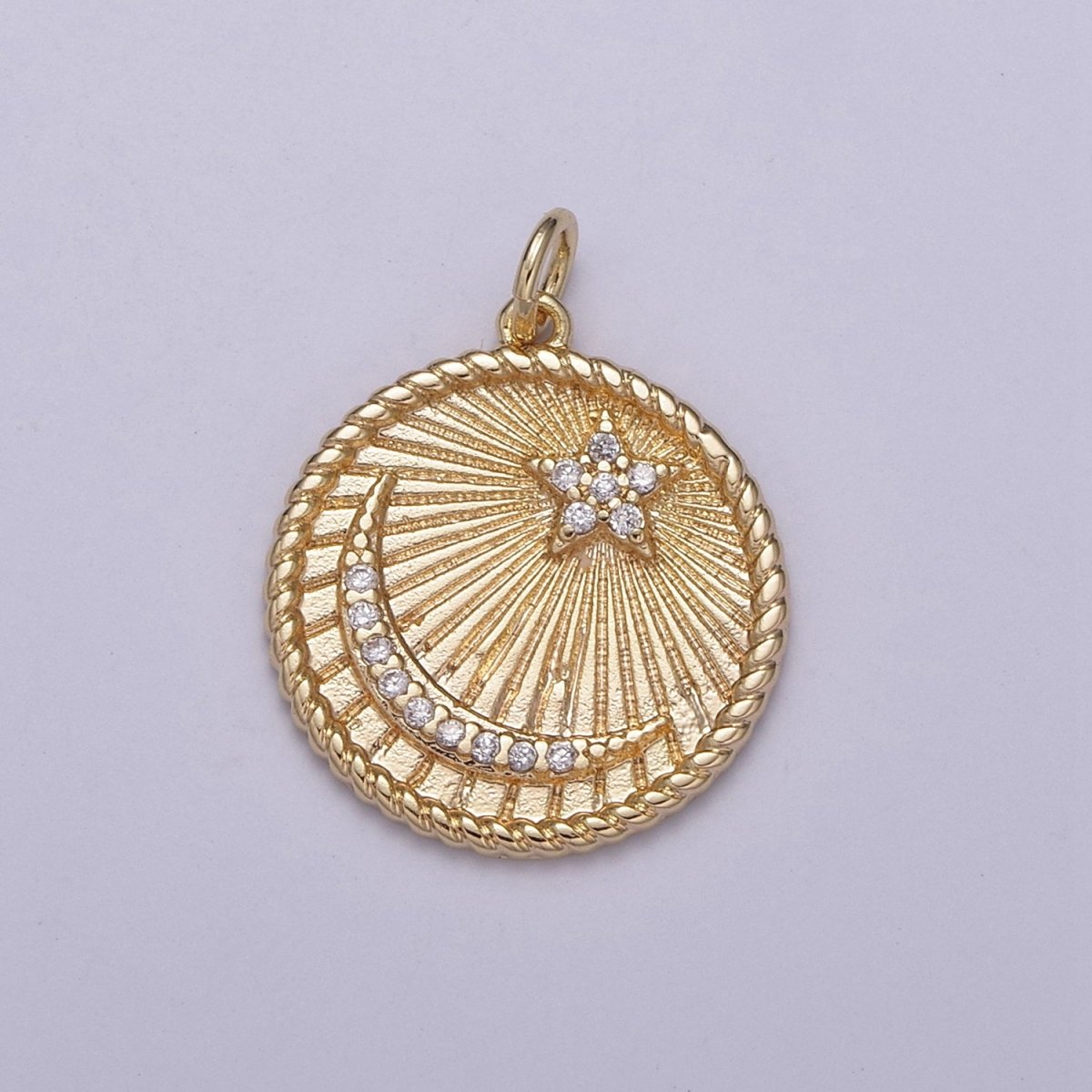 Dainty Celestial Coin Medallion Crescent Moon Star Charm Decorative Edge 18k Gold Filled Minimalist Jewelry N-187 - DLUXCA