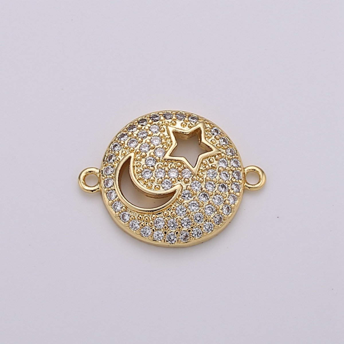Dainty Celestial Round Charm Connector- 14k Gold Filled Moon Star Sun Charm for Bracelet Necklace Link Connector Component Cz Charm F-467 - DLUXCA
