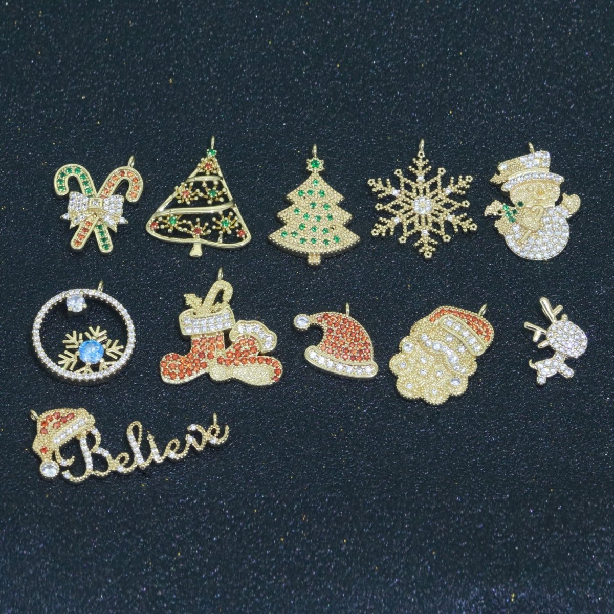 Dainty Christmas charms Micro Pave Holiday Collection Santa, Snow, Stocking, Snow man, Reindeer, Tree Pendant for DiY Jewelry Necklace Bracelet Earring Accessory F-902 F-903 M-594 - M-604 - DLUXCA