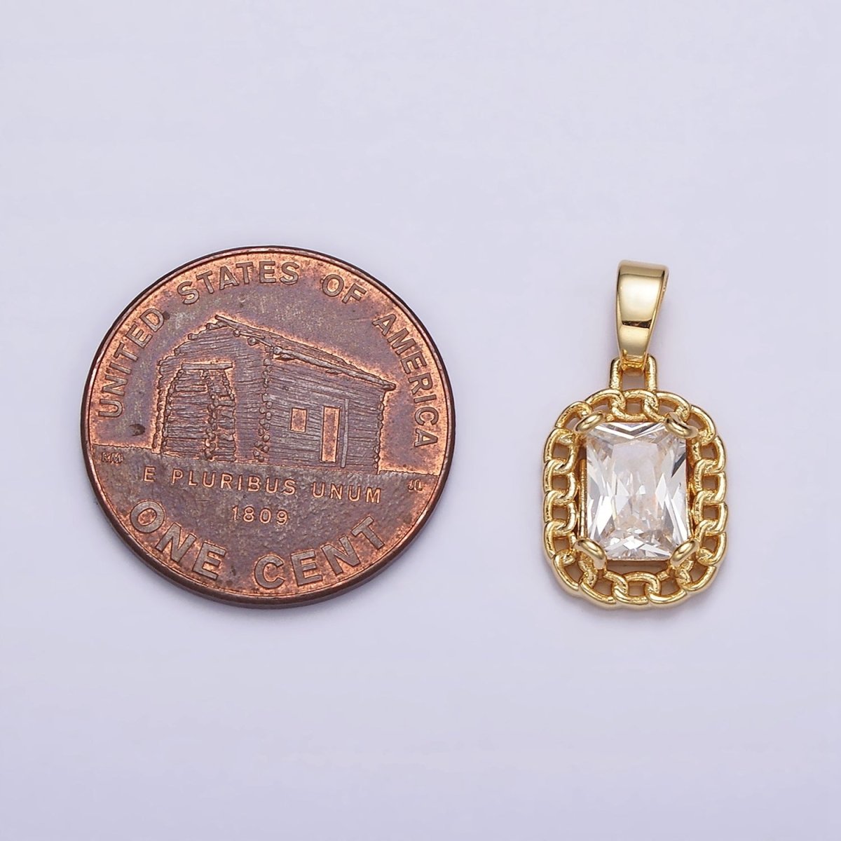 Dainty Clear Cubic Zirconia Emerald Cut Stone Pendant Tag Charm with Curb Link Frame J-611 - DLUXCA