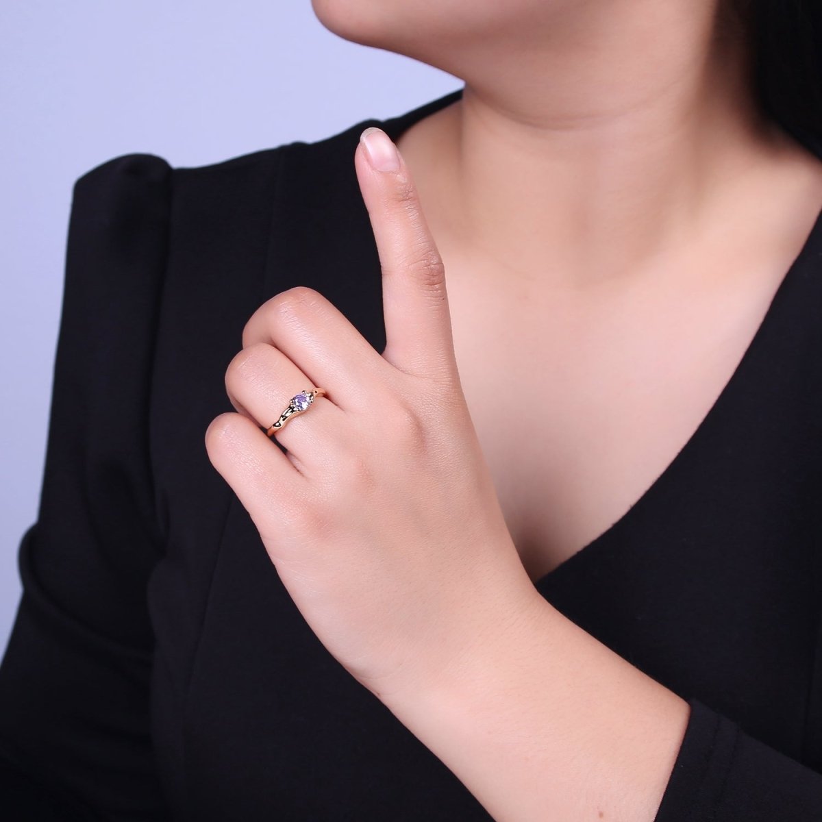 Dainty Clear Cz Ring Thin Gold Band Open Adjustable Ring S-459 - DLUXCA