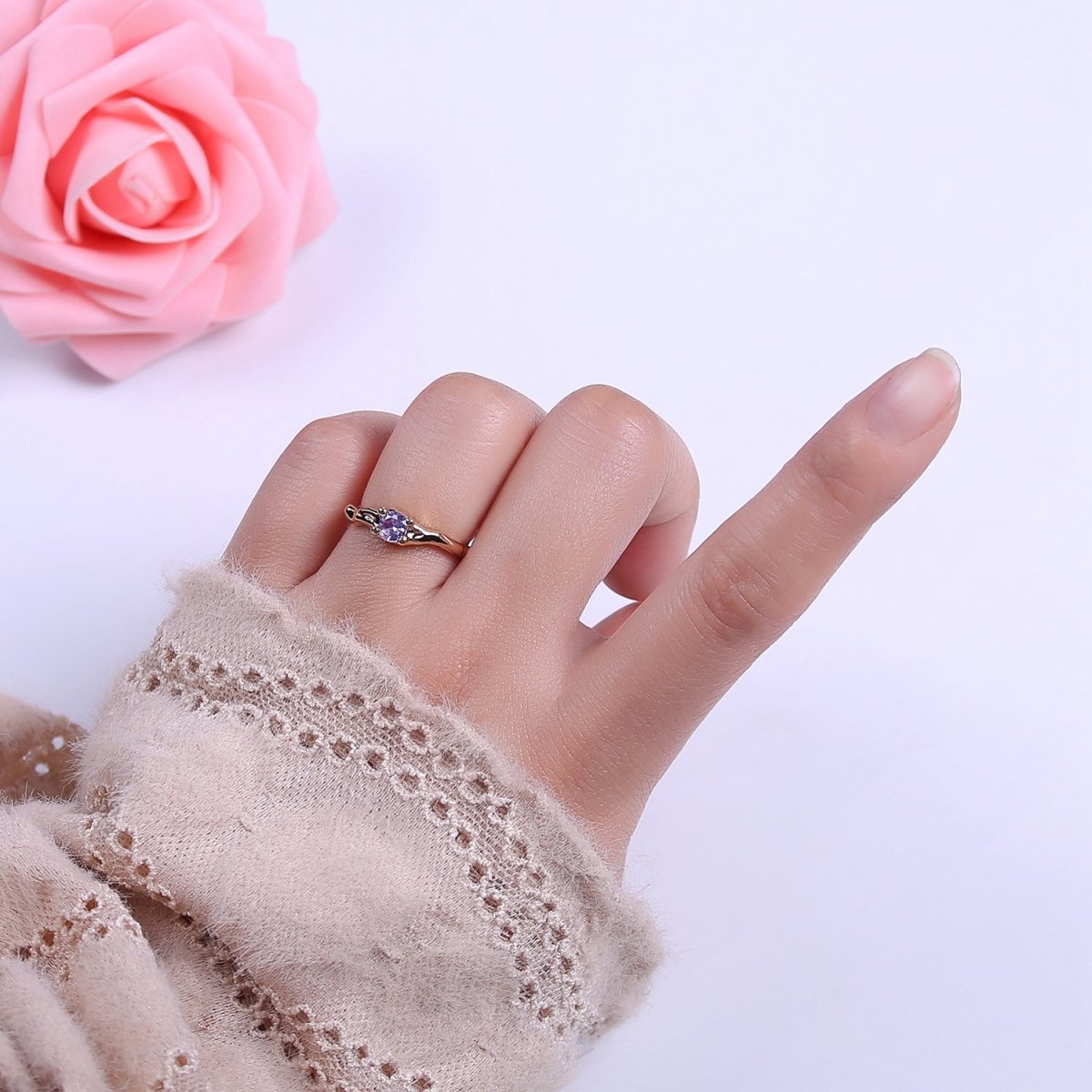 Dainty Clear Cz Ring Thin Gold Band Open Adjustable Ring S-459 - DLUXCA