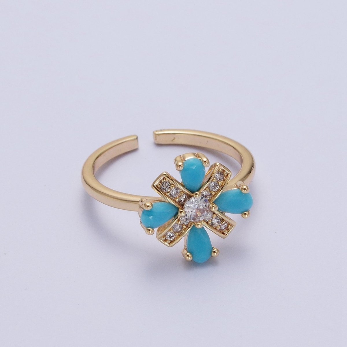 Dainty Cluster Turquoise Ring 16K Gold Filled Minimalist Stackable Trendy Everyday Jewelry Open Adjustable Ring R-503 - DLUXCA