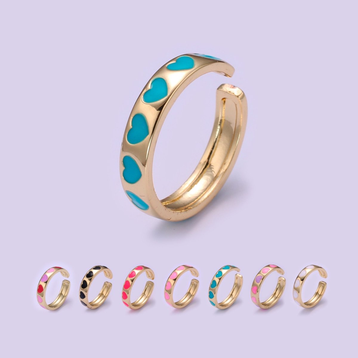 Dainty Colorful Enamel Heart Adjustable Ring, Gold Enamel Open Ring, Black Pink Teal Purple White Enamel Heart Jewelry Trend O-305 ~ O-310 O-312 R-059 - DLUXCA