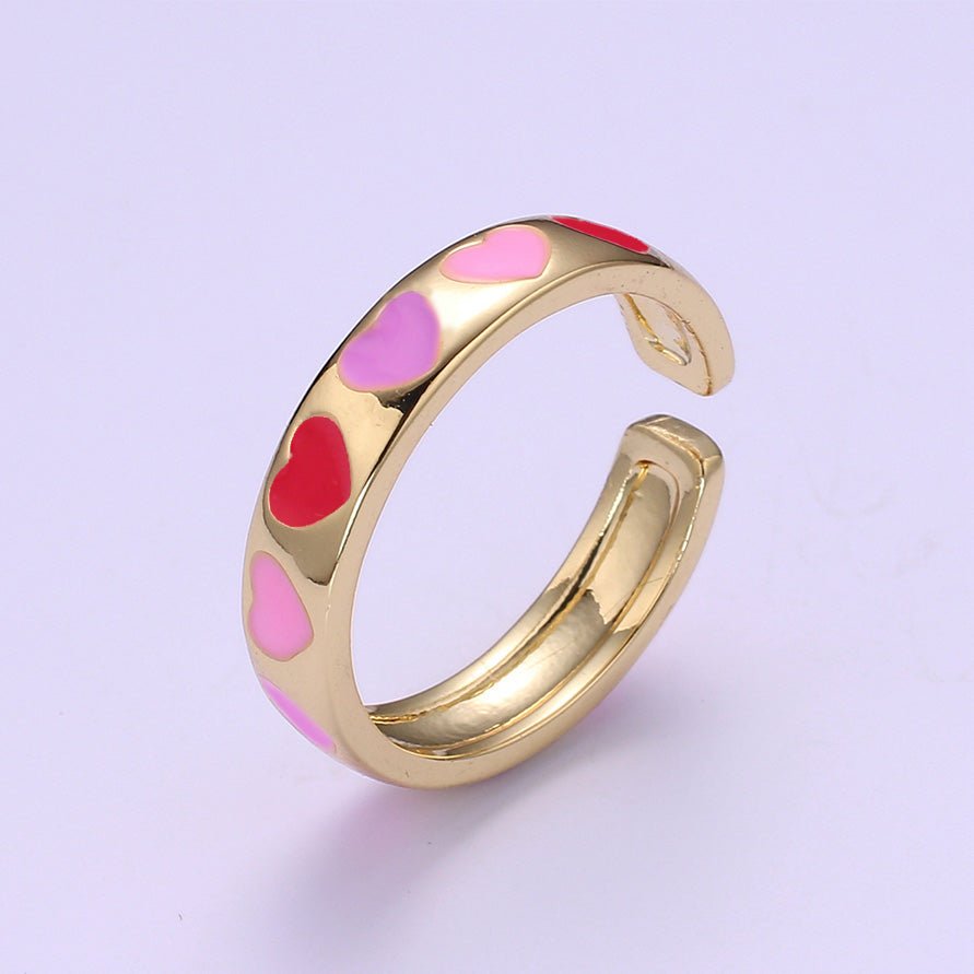 Dainty Colorful Enamel Heart Adjustable Ring, Gold Enamel Open Ring, Black Pink Teal Purple White Enamel Heart Jewelry Trend O-305 ~ O-310 O-312 R-059 - DLUXCA