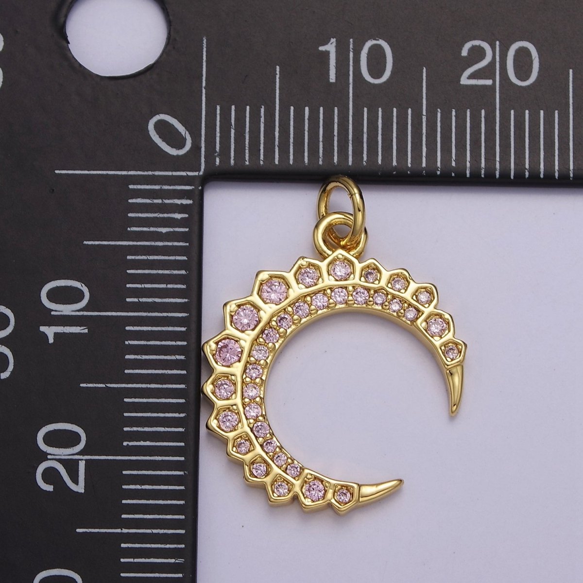 Dainty Crescent Moon Charm with Pink Cz Stone for Celestial Jewelry E-649 - DLUXCA