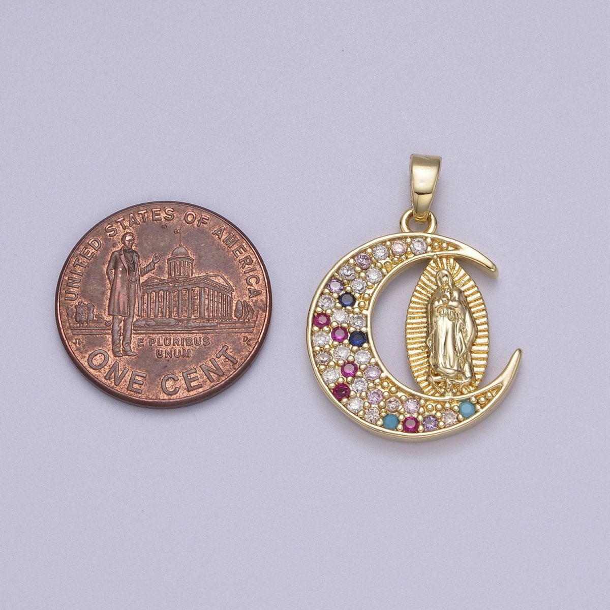Dainty Crescent Moon Pendant with Lady Guadalupe Virgin Mary Charm N-588 N-589 - DLUXCA