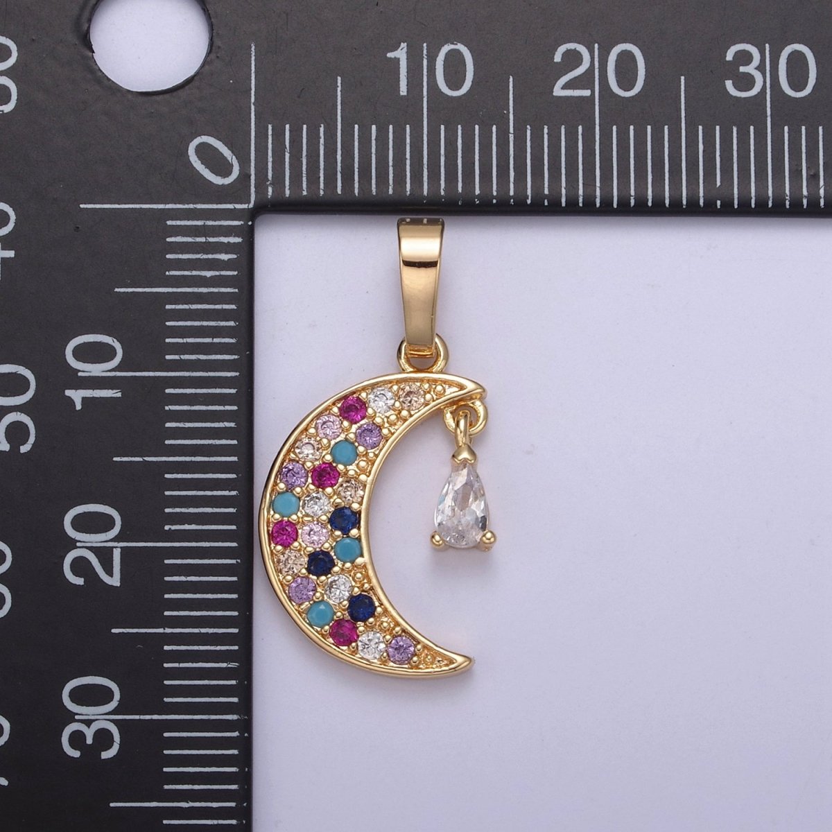 Dainty Crescent Moon Pendant with Multi Color Cz Stone for Celestial Jewelry Making H-548 - DLUXCA